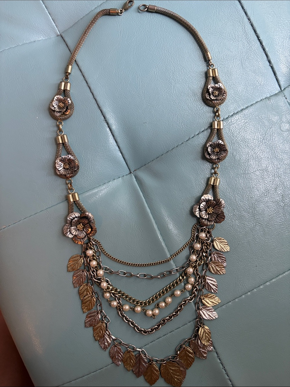 Vintage Anthropologie Leaf & Pearl Statement Necklace - Gold-Tone